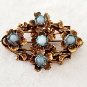 Antique Art Deco Brooch Mini Blue Milk Glass Stones Detailed Brass Floral Base